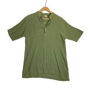 Olive Green‎ Blouse Silk Cotton Gauzy Henley Blouse Short Sleeve Semi Sheer M
